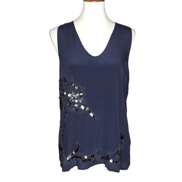Fumblin Foe Silk Blouse V-neck Sleeveless Bead & Sequins Size Large Navy - Picture 1 of 9